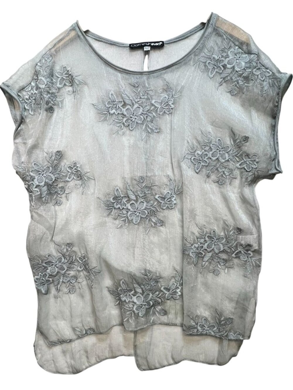 Clotheshead Women's Sheer Mesh Top Short Sleeve Size XL Gray Embroidery Floral